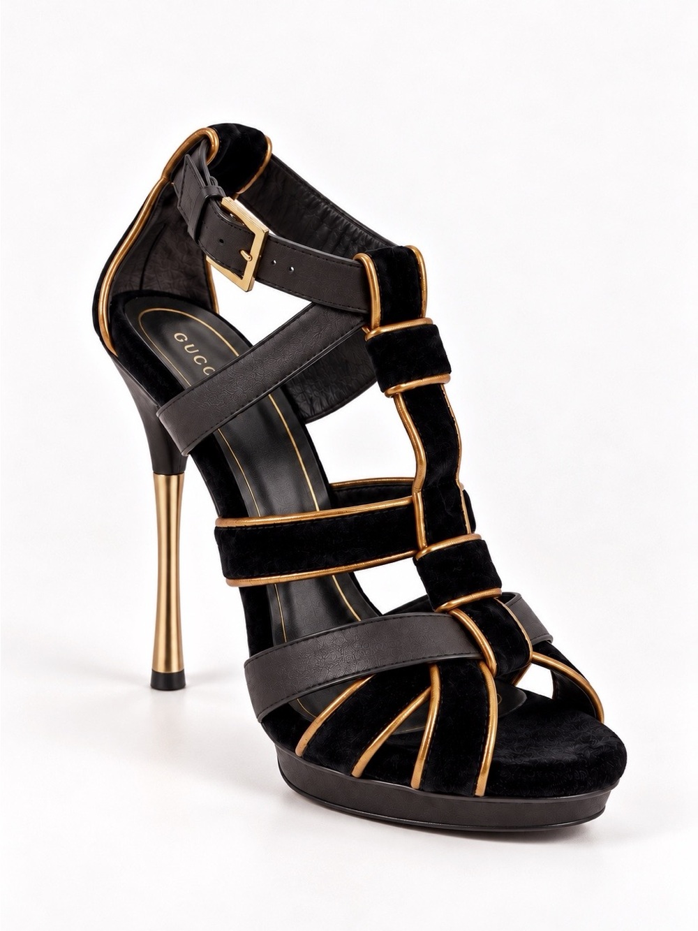 GUCCI Malika Black Velvet Gold Caged Platform Heels 39.5